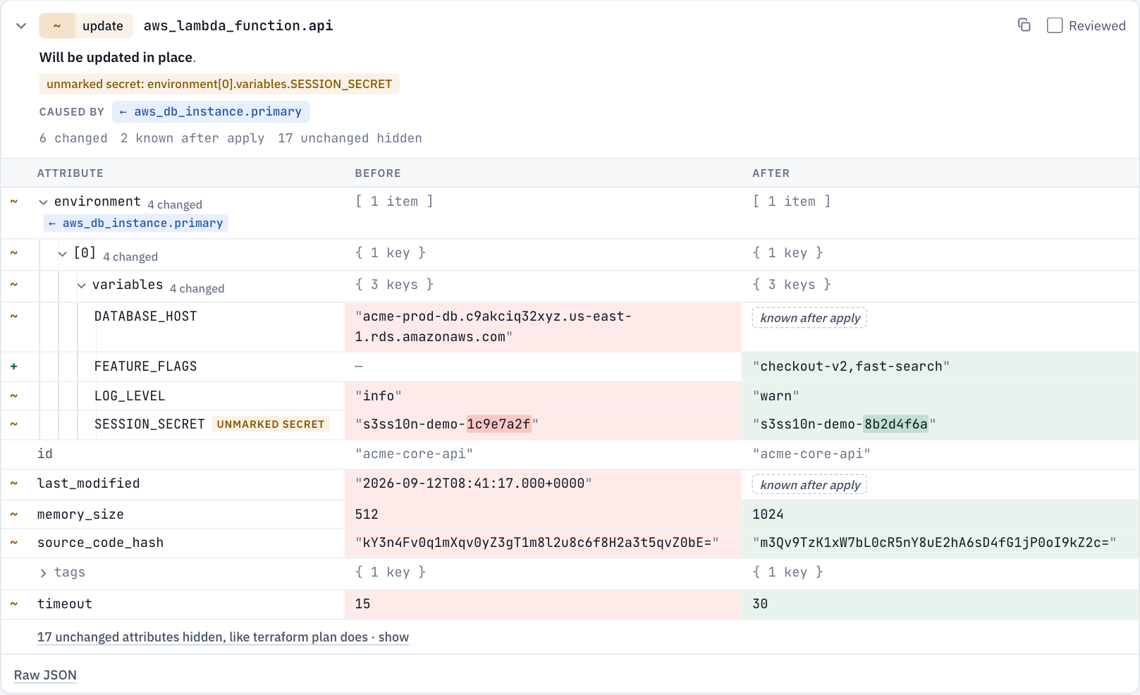 Side-by-side diff of a Lambda function