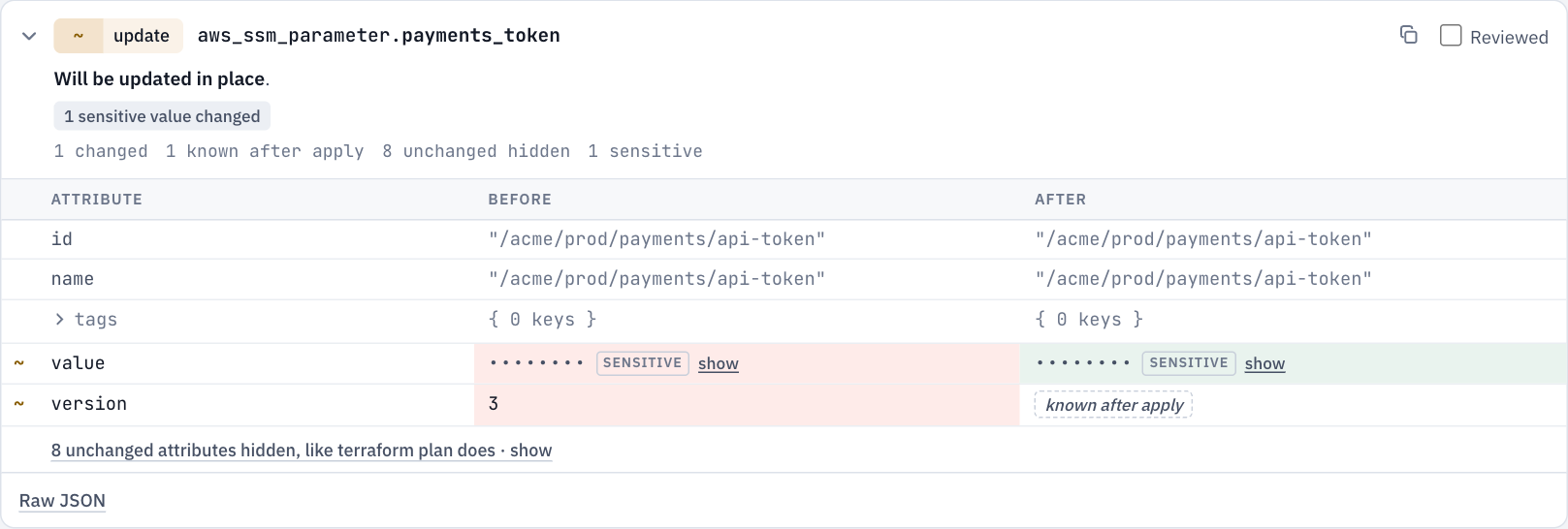 A sensitive value, masked, with a show button